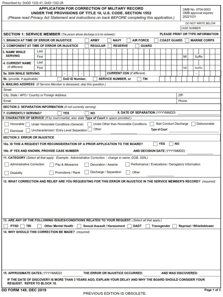 DD Form 149 Application For Correction Of Military Record Under The