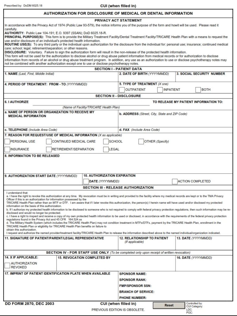 Dd Form Authorization For Disclosure Of Medical Or Dental