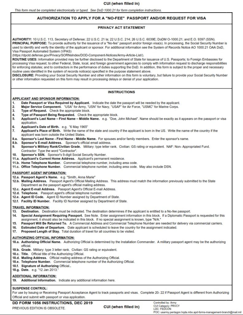 DD Form 1056 Authorization to APPLY for “NoFee” Passport and/or