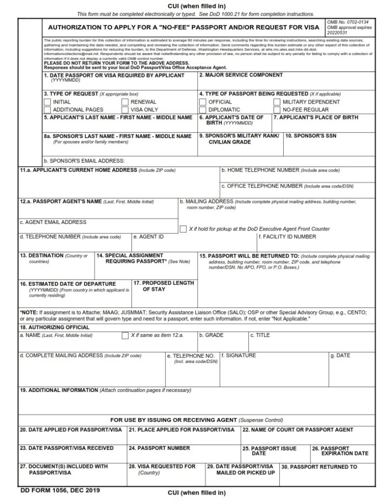 DD Form 1056 Authorization to APPLY for “NoFee” Passport and/or
