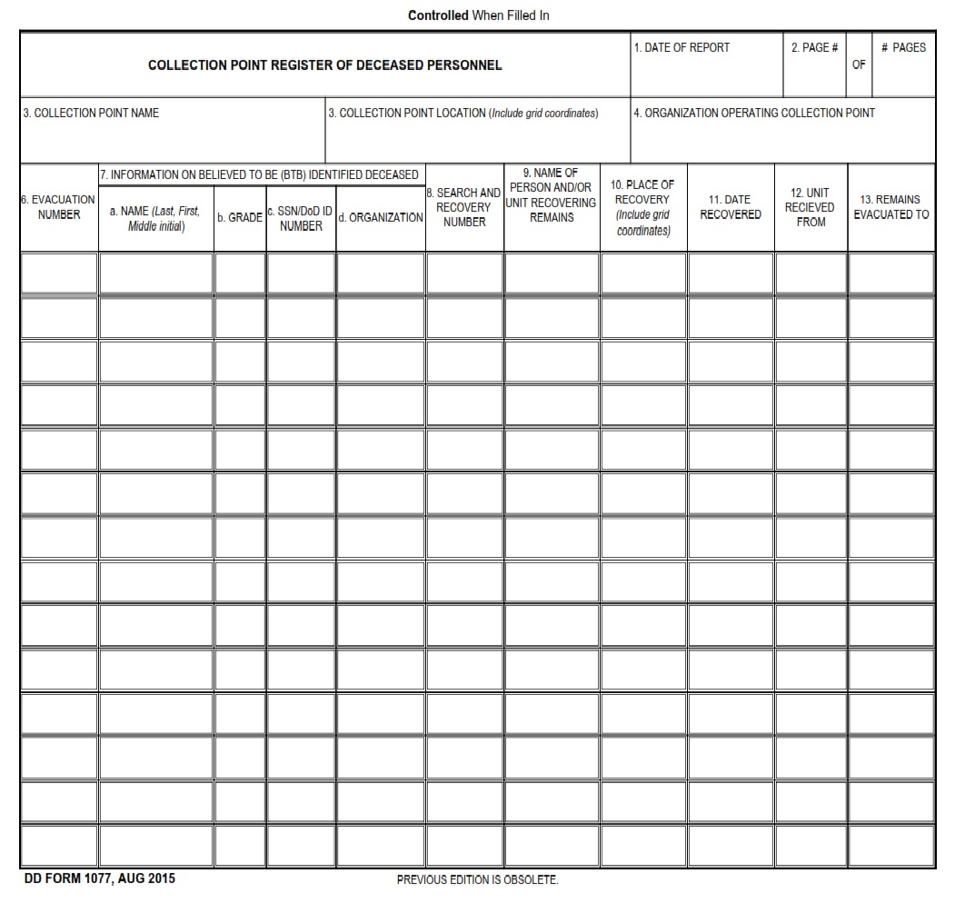 DD Form 1077 Collection Point Register Of Deceased Personnel DD Forms