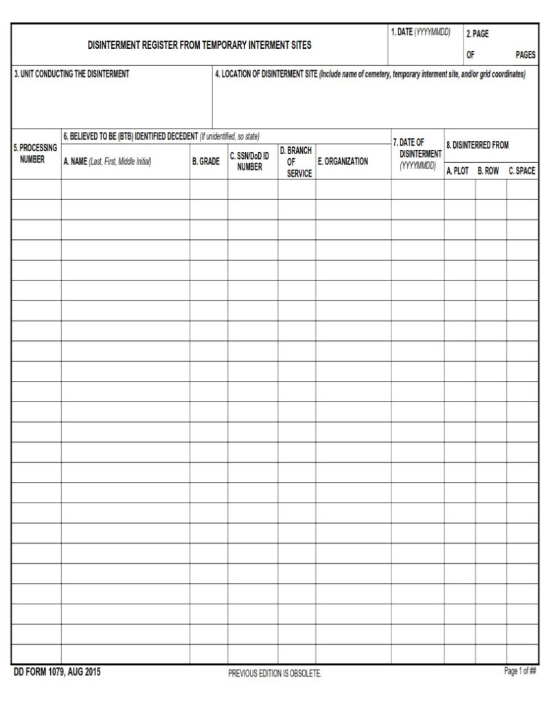 DD Form 1079 – Disinterment Register from Temporary Interment Sites ...