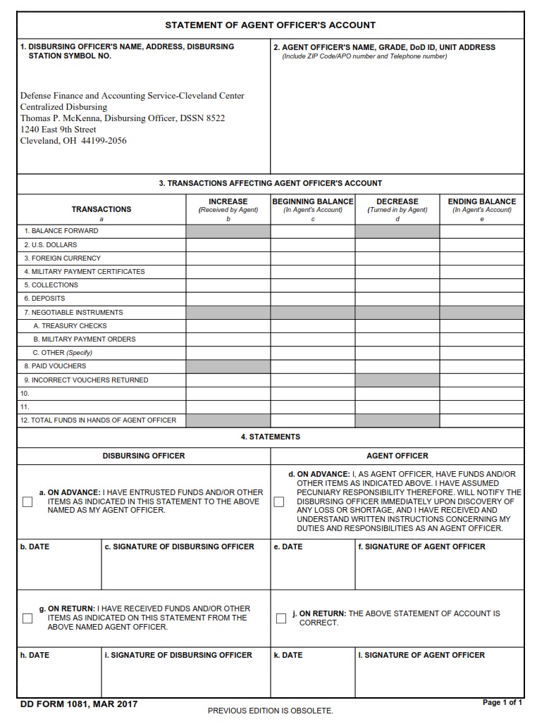 DD Form 1081 Statement Of Agent Officer s Account DD Forms