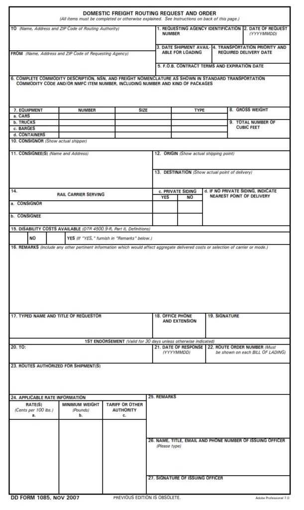 DD Form 1085 – Domestic Freight Routing Request and Order - DD Forms