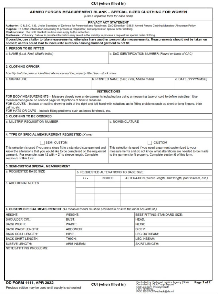 DD Form 1111 – Armed Forces Measurement Blank – Special Sized Clothing ...