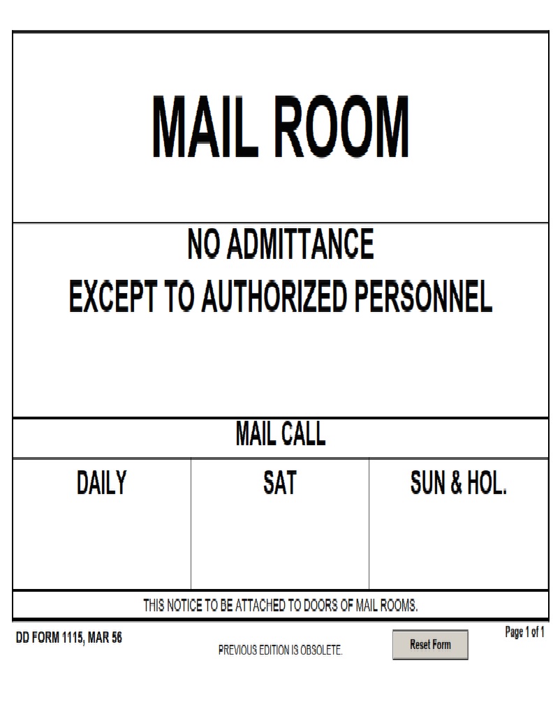 DD Form 1115 Mail Room Sign DD Forms
