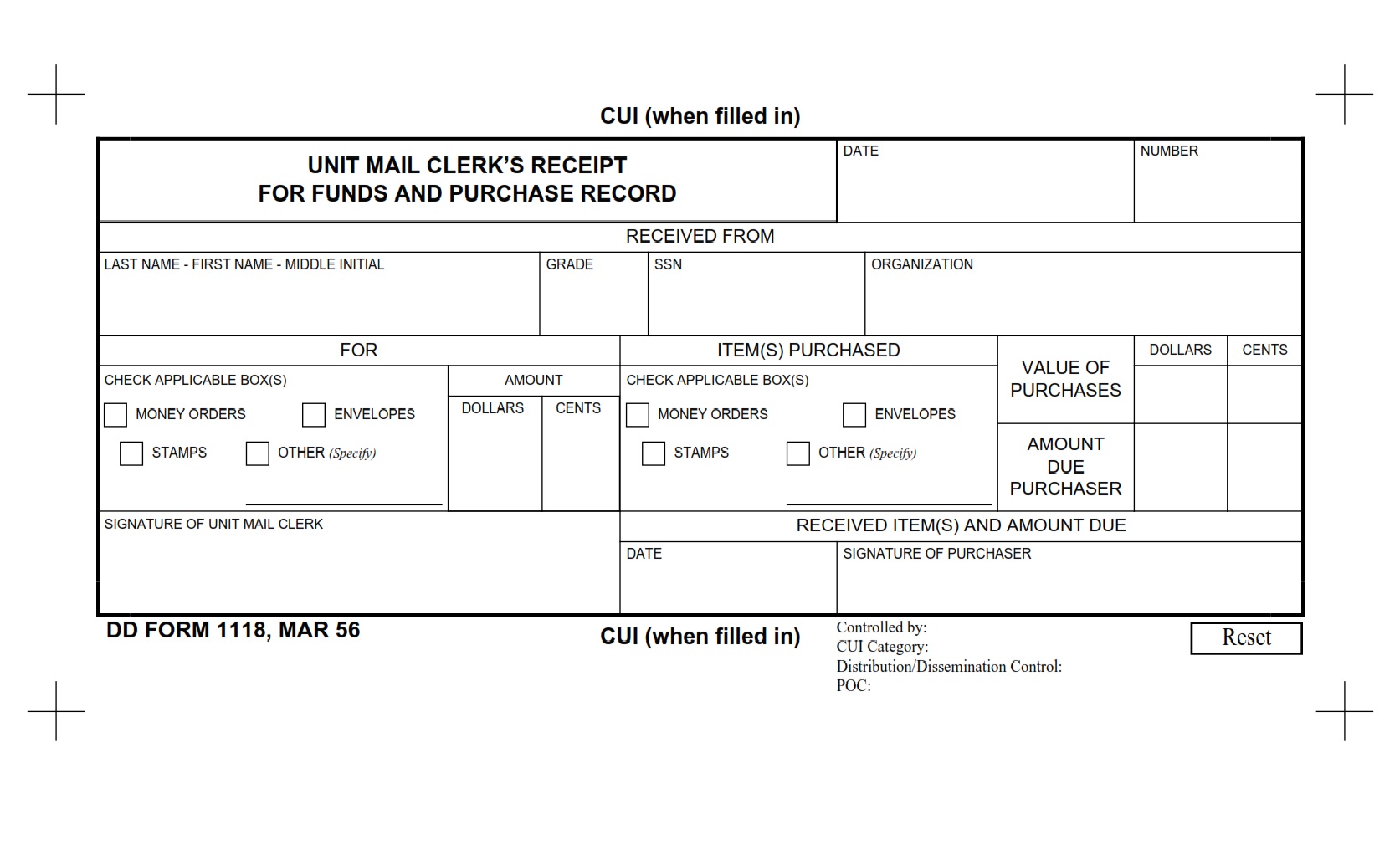 DD Form 1118 Unit Mail Clerk s Receipt For Funds And Purchase Record 