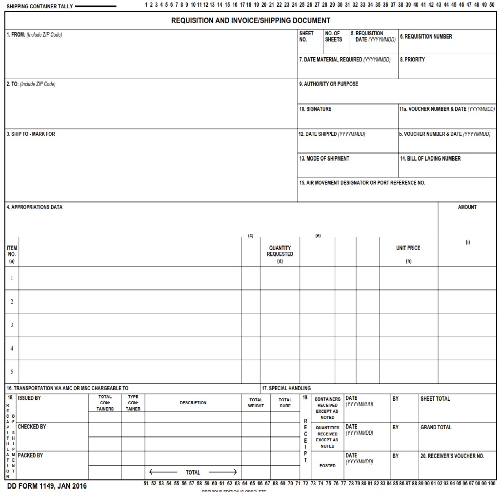 DD Form 1149 Requisition And Invoice Shipping Document DD Forms