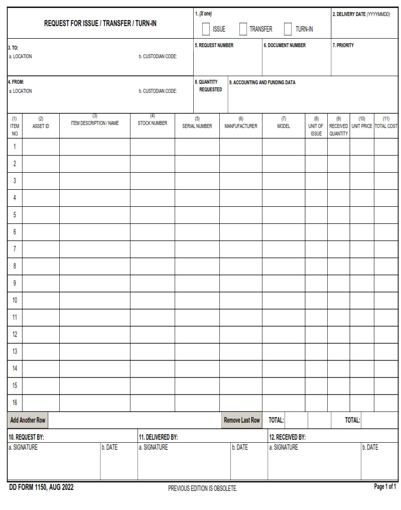 DD Form 1150 Request For Issue Transfer Turn in DD Forms