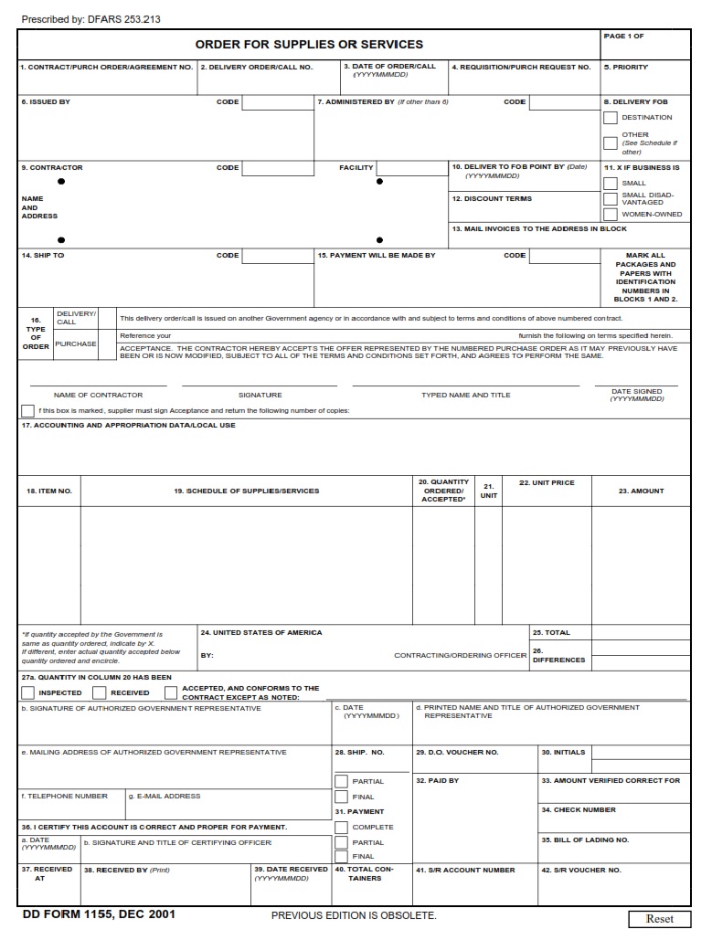 DD Form 1155 Order For Supplies Or Services DD Forms