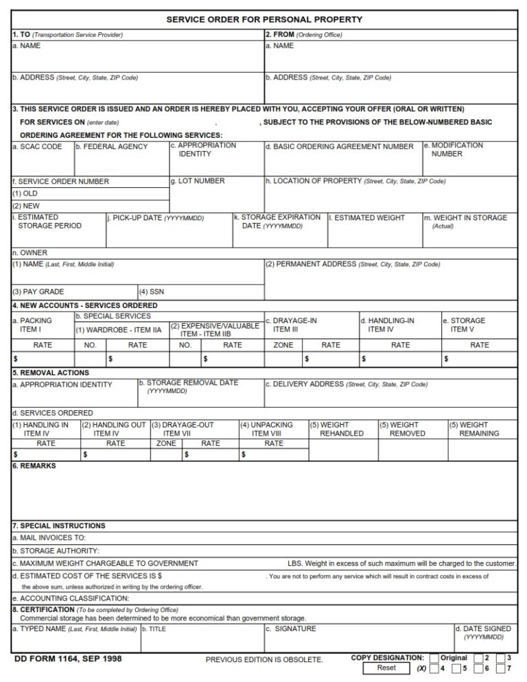 DD Form 1164 – Service Order For Personal Property - DD Forms