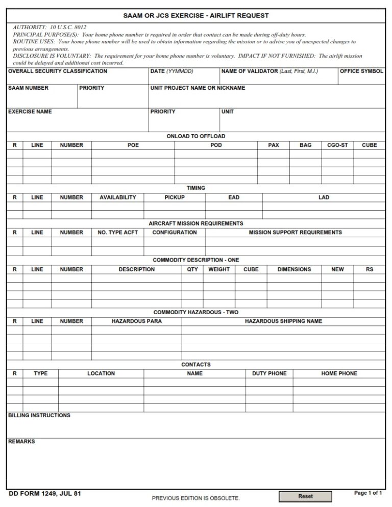 DD Form 1249 – Airlift Request – SAAM or JCS Exercise - DD Forms