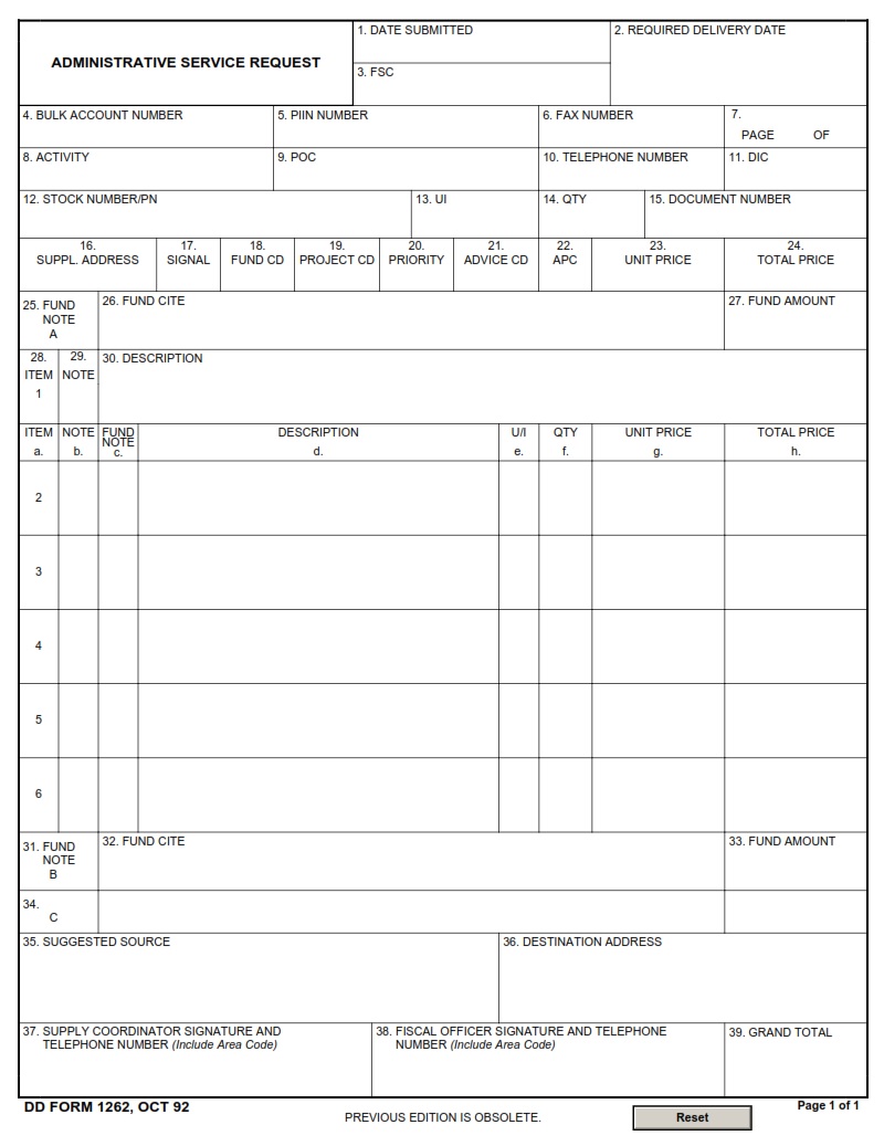 DD Form 1262 Administrative Service Request DD Forms