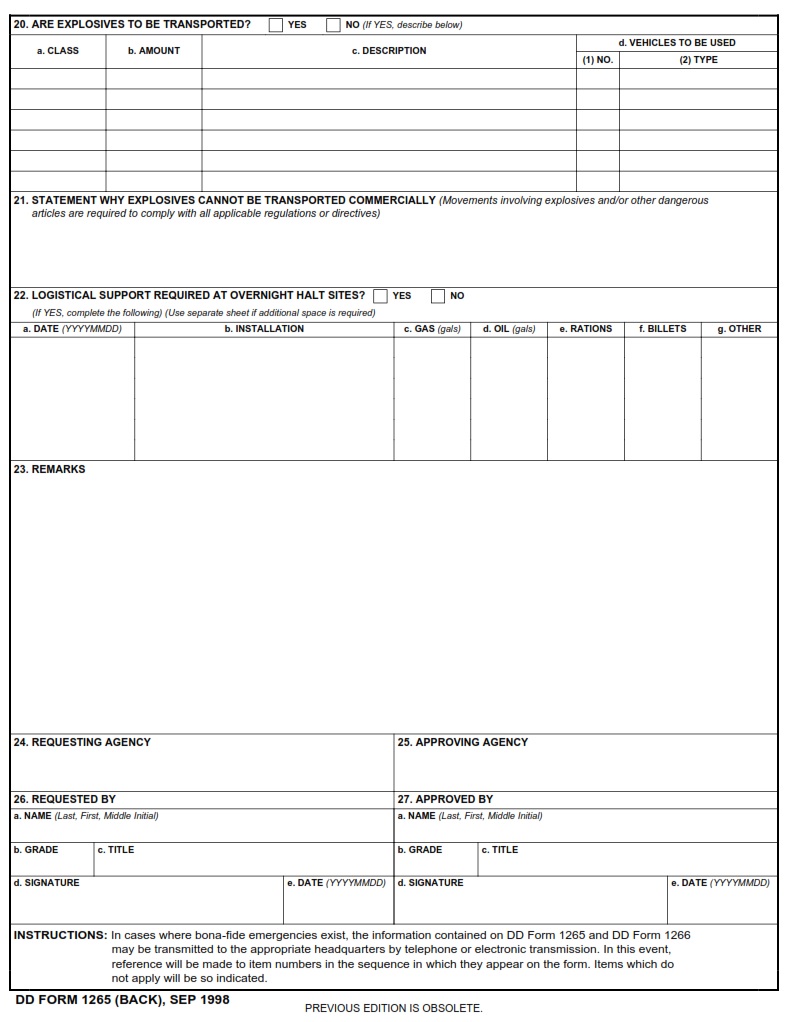 DD Form 1265 Request For Convoy Clearance DD Forms