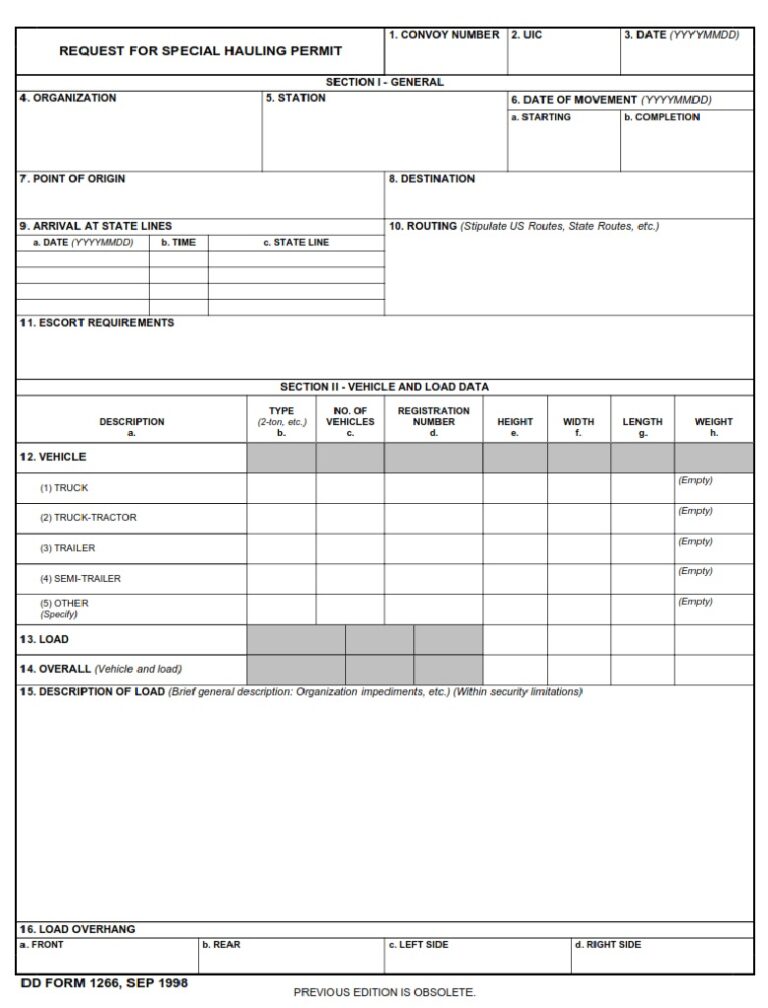 DD Form 1266 – Request for Special Hauling Permit - DD Forms