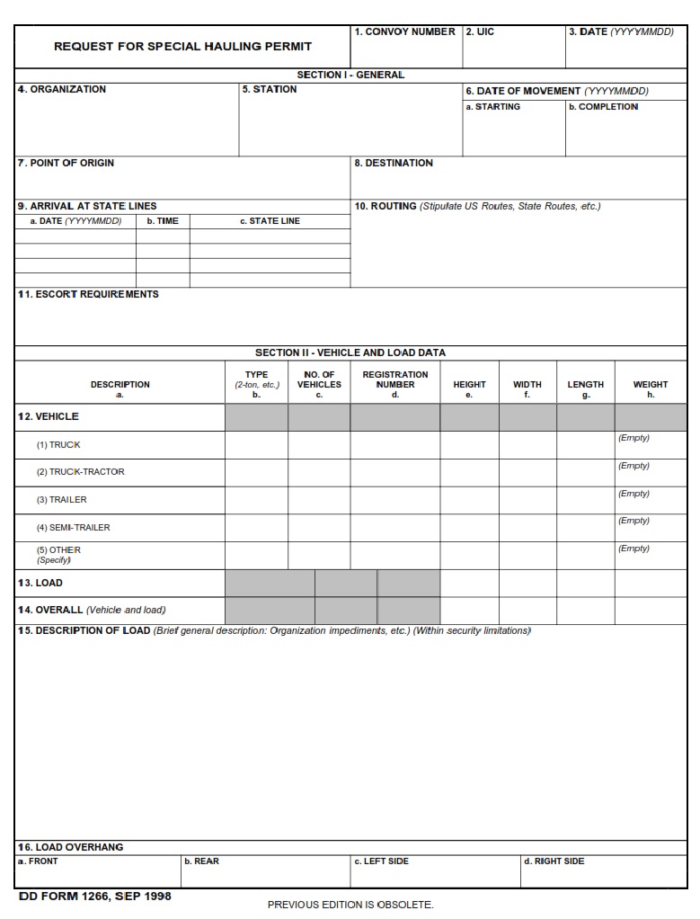 DD Form 1266 Request For Special Hauling Permit DD Forms