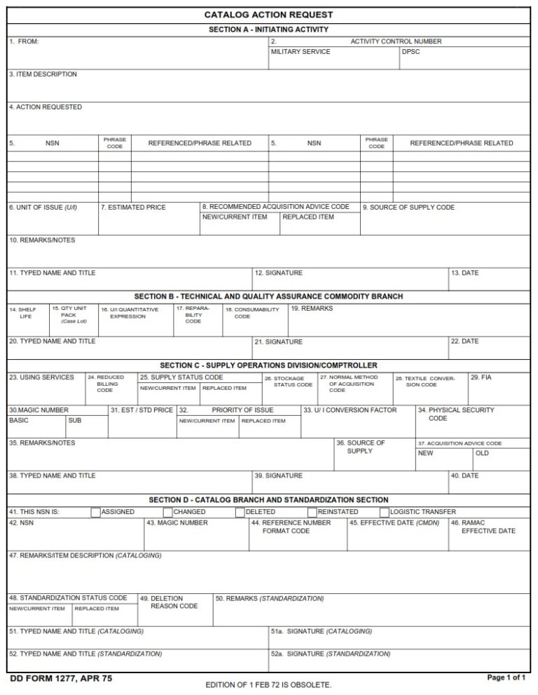 DD Form 1277 – Cataloging Action Request - DD Forms