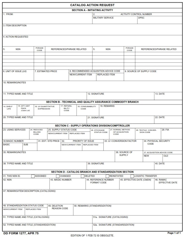 DD Form 1277 Cataloging Action Request DD Forms