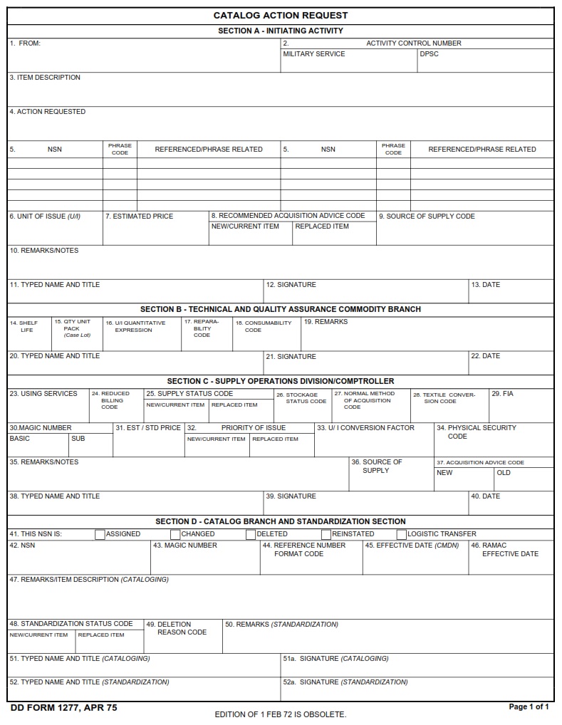 DD Form 1277 Cataloging Action Request DD Forms