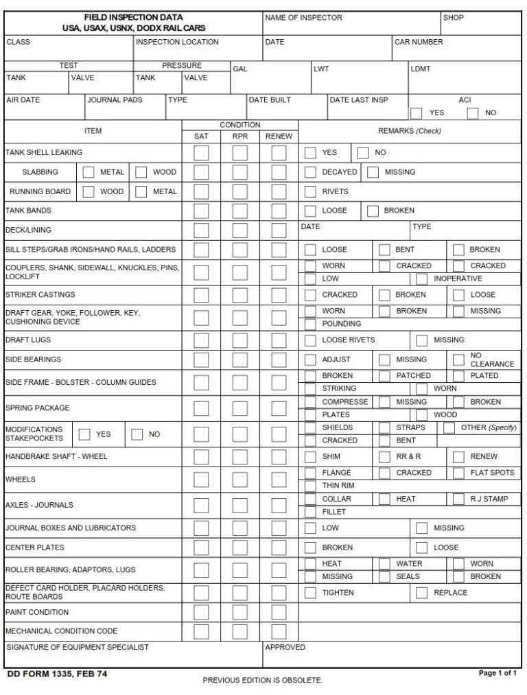 DD Form 1335 – Inspection Report For Railway Cars - DD Forms