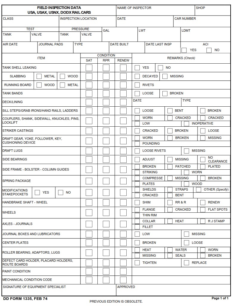 DD Form 1335 Inspection Report For Railway Cars DD Forms