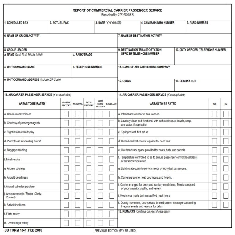 DD Form 1341- Report of Commercial Carrier Passenger Service - DD Forms