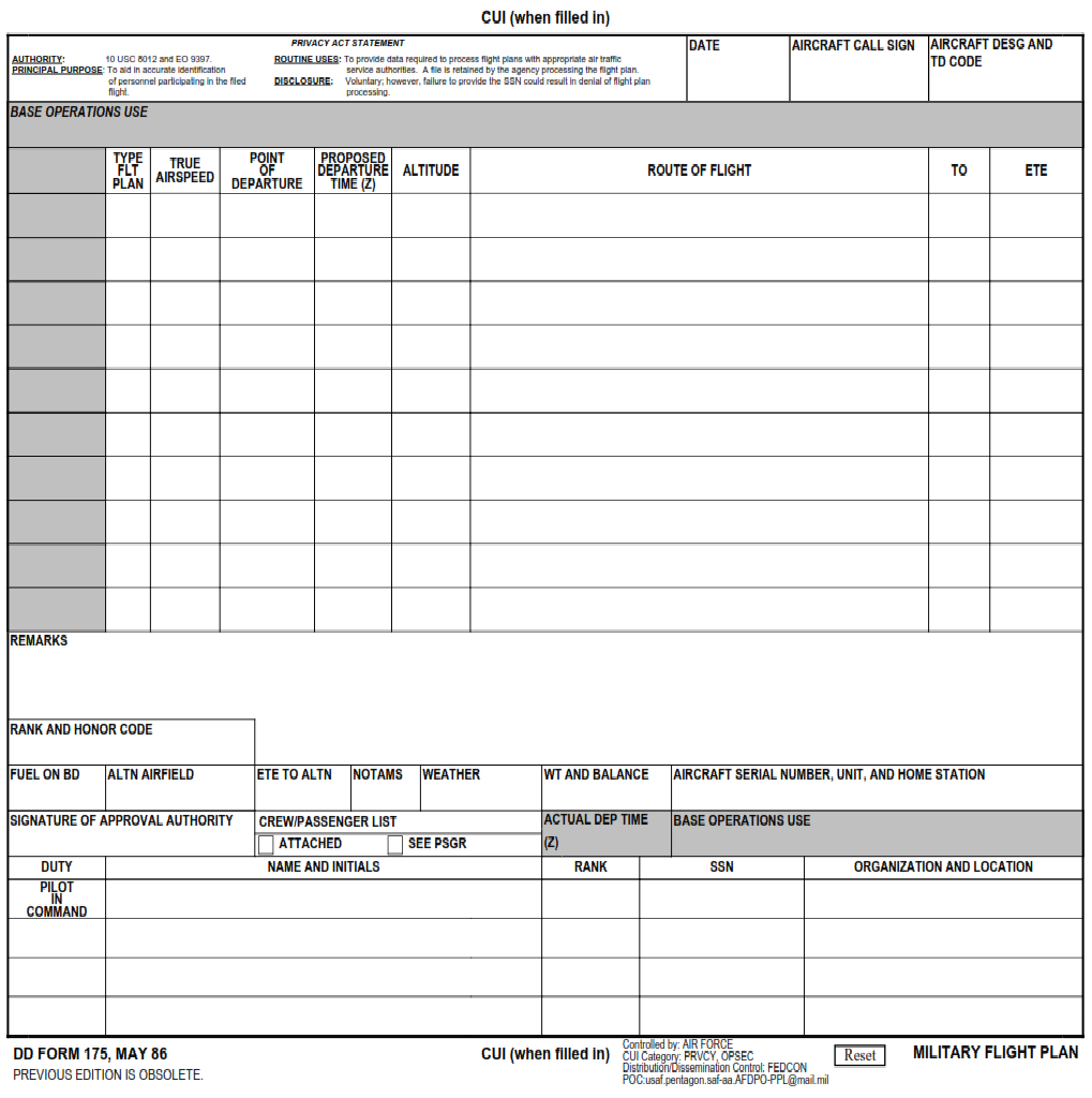 DD Form 175 Flight Plan Military DD Forms