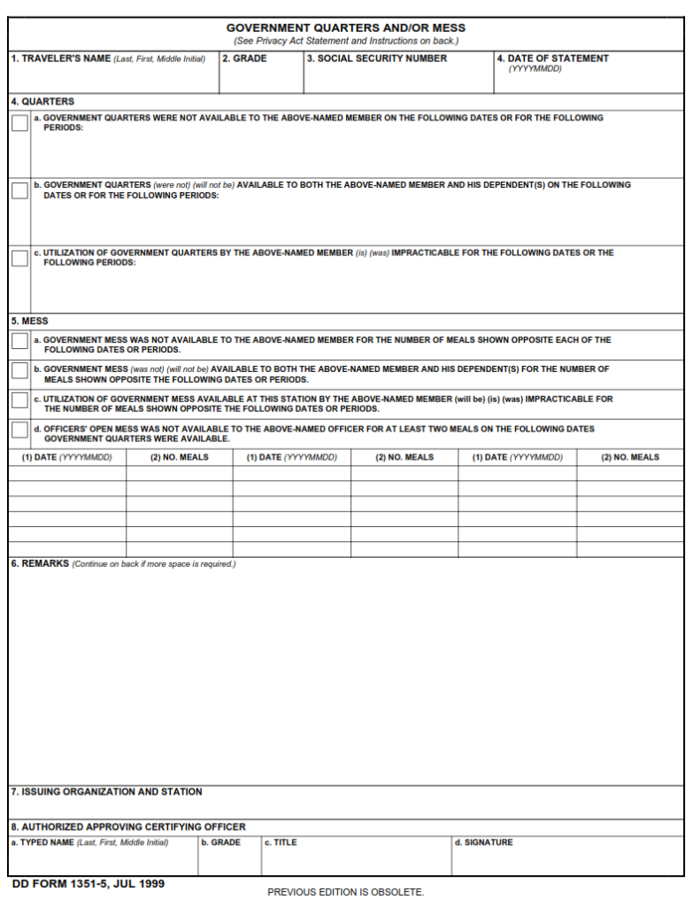 DD Form 1351-5 – Quarters and/or Mess, Government - DD Forms