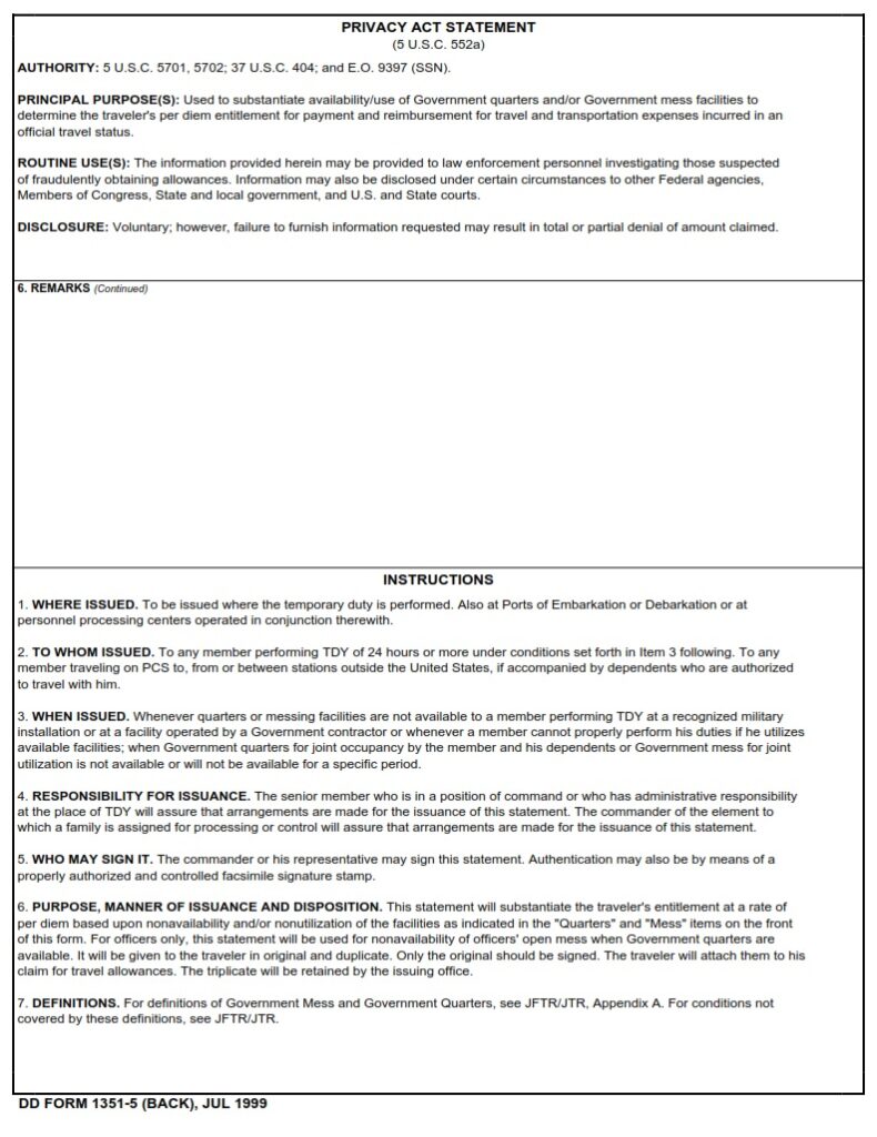 Dd form 1351 5 quarters and or mess government dd forms
