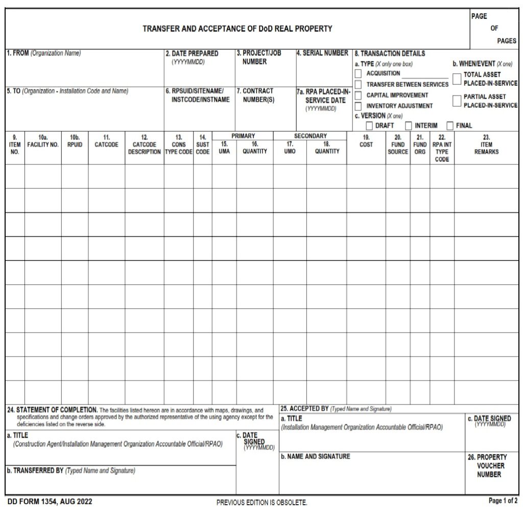 DD Form 1354 Transfer And Acceptance Of DoD Real Property DD Forms