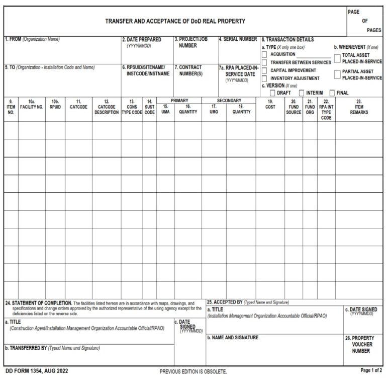 Dd Form 1354 Transfer And Acceptance Of Dod Real Property Dd Forms