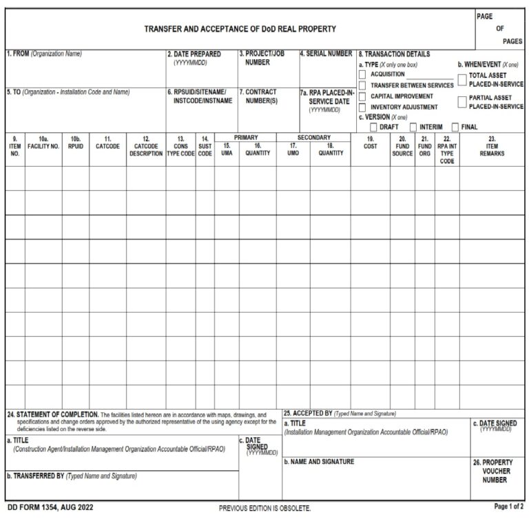 DD Form 1354 Transfer And Acceptance Of DoD Real Property DD Forms