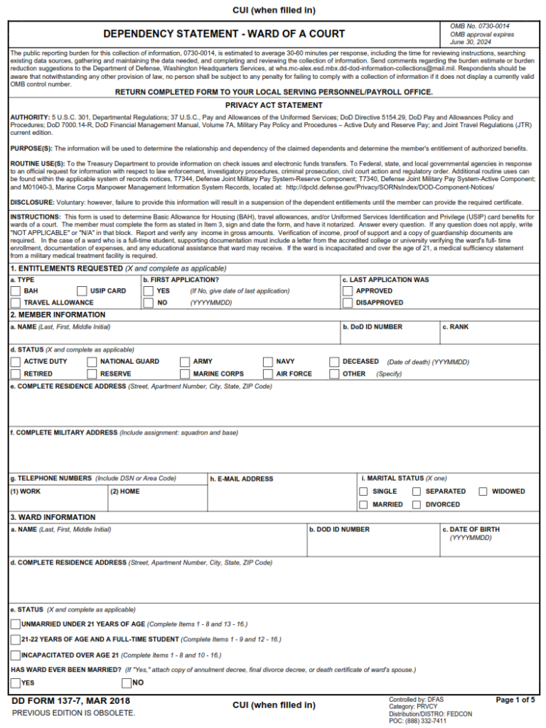 DD Form 137-7 – Dependency Statement – Ward of a Court (Instructions ...