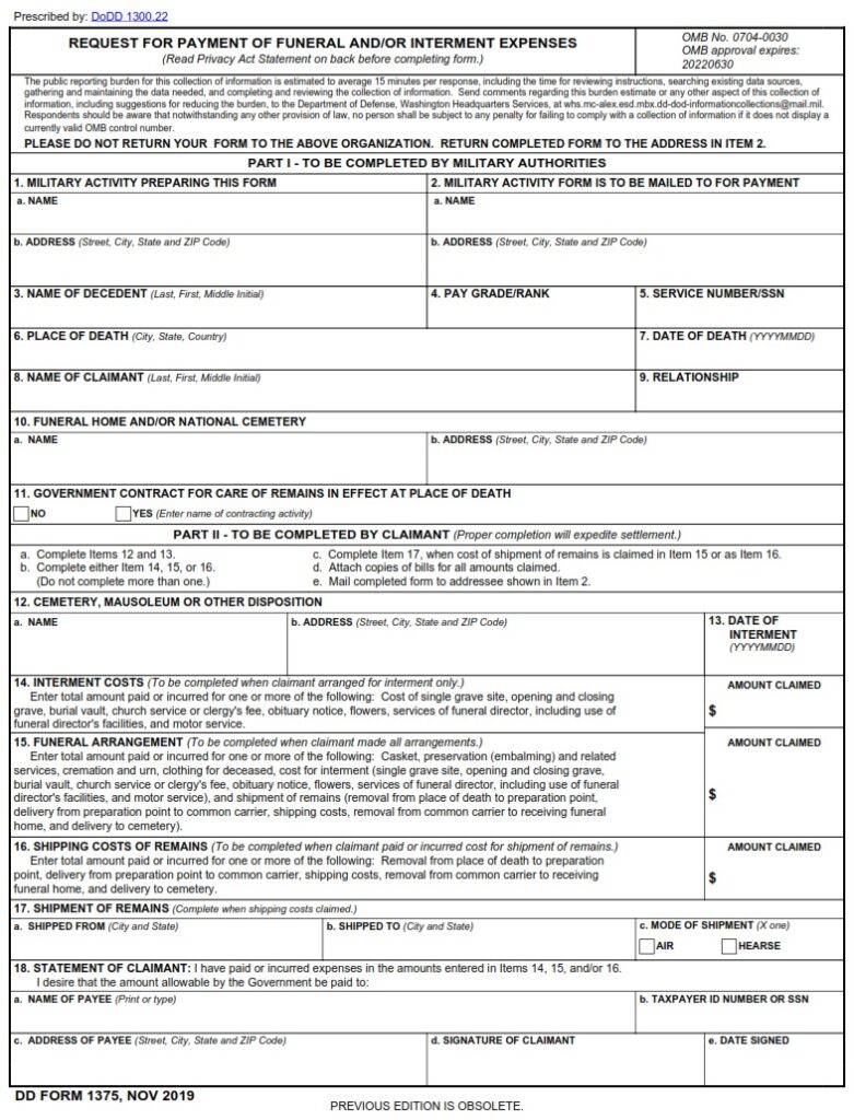 DD Form 1375 – Request for Payment of Funeral and/or Interment Expenses ...