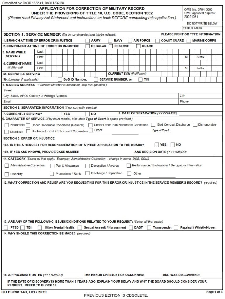 DD Form 149 – Application for Correction of Military Record Under the ...