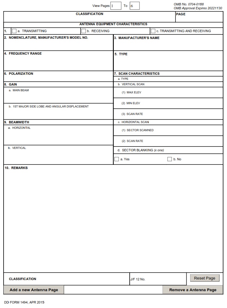 DD Form 1494 Application For Equipment Frequency Allocation DD Forms