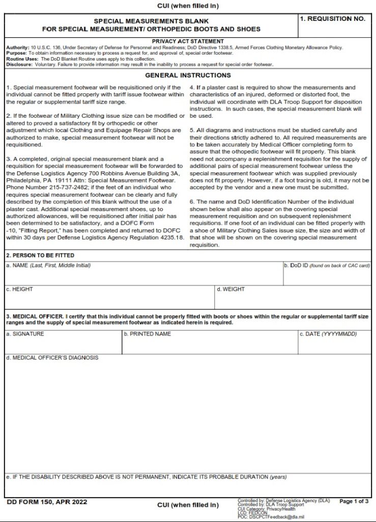 DD Form 150 – Special Measurements Blank for Special Measurement ...