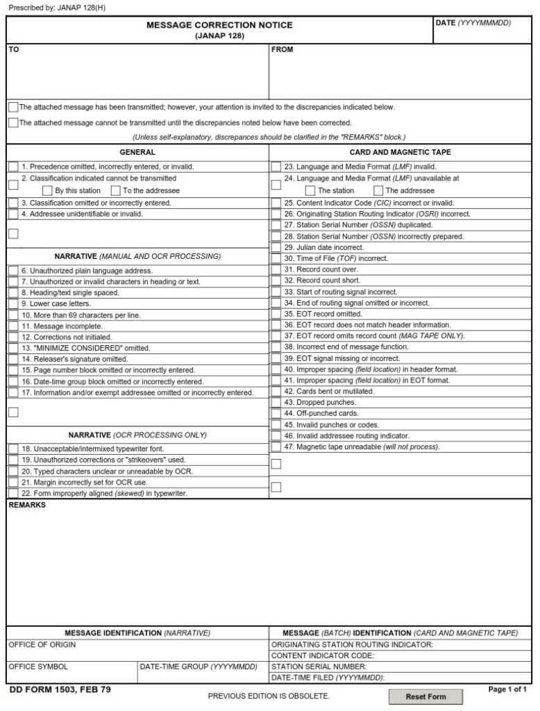 DD Form 1503 – Message Correction Notice - DD Forms