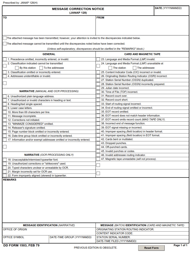 DD Form 1503 Message Correction Notice DD Forms
