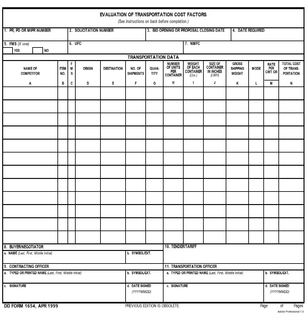 DD Form 1654 Evaluation Of Transportation Cost Factors DD Forms