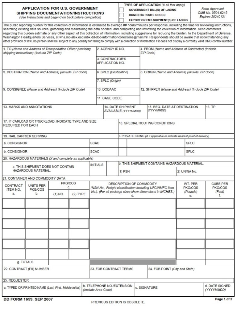 DD Form 1659 – Application for U.S. Government Shipping Documentation ...