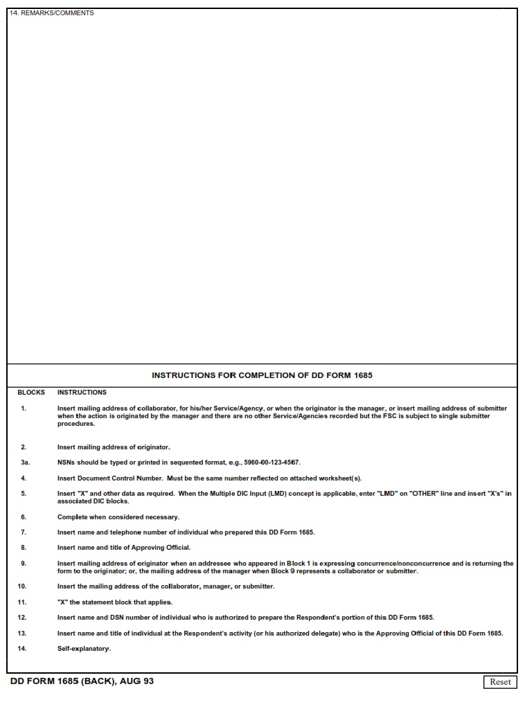 DD Form 1685 Data Exchange And or Proposed Revision Of Catalog Data