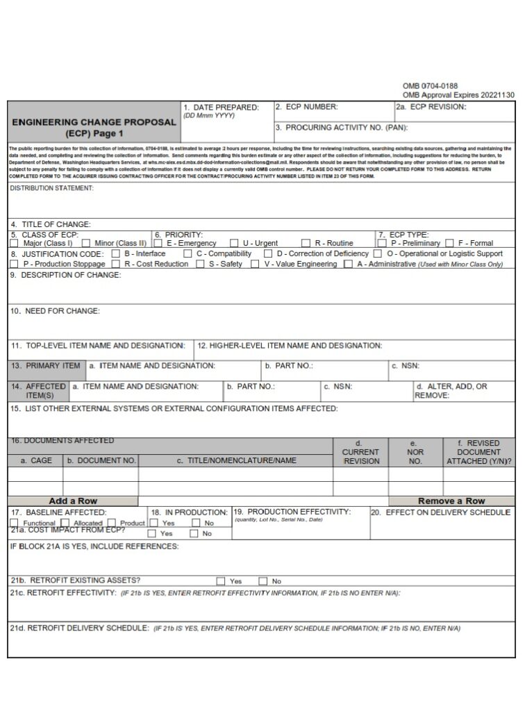 Dd Form 1692-1 – Engineering Change Proposal (ecp), Page 1 