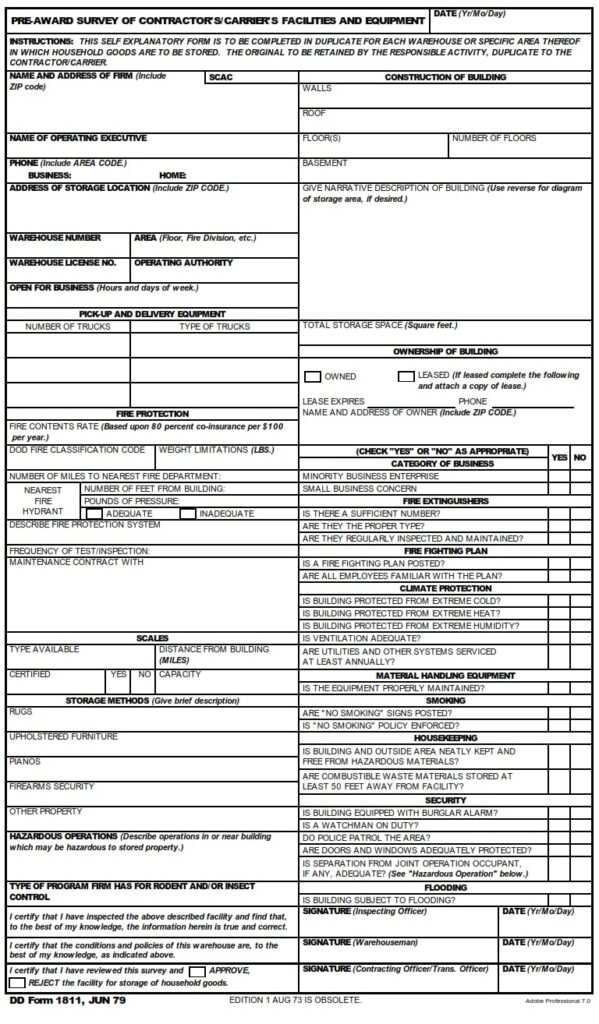 DD Form 1811 – Pre-Award Survey of Contractor’s/Carrier’s Facilities ...