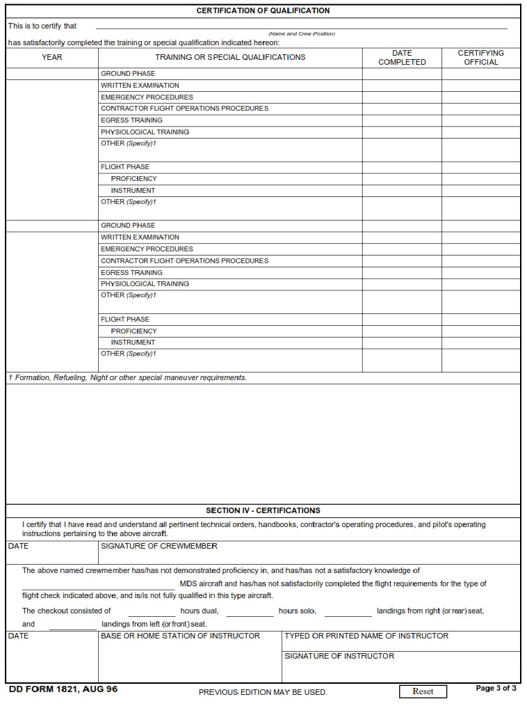 DD Form 1821 Contractor Crewmember Record DD Forms