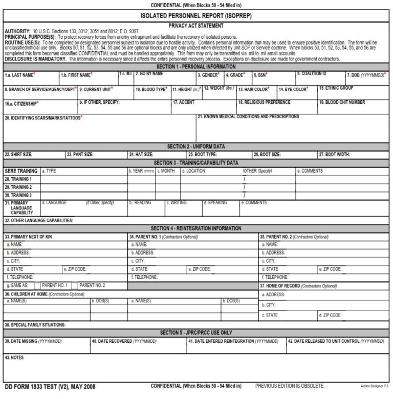 DD Form 1833 Isolated Personnel Report ISOPREP DD Forms