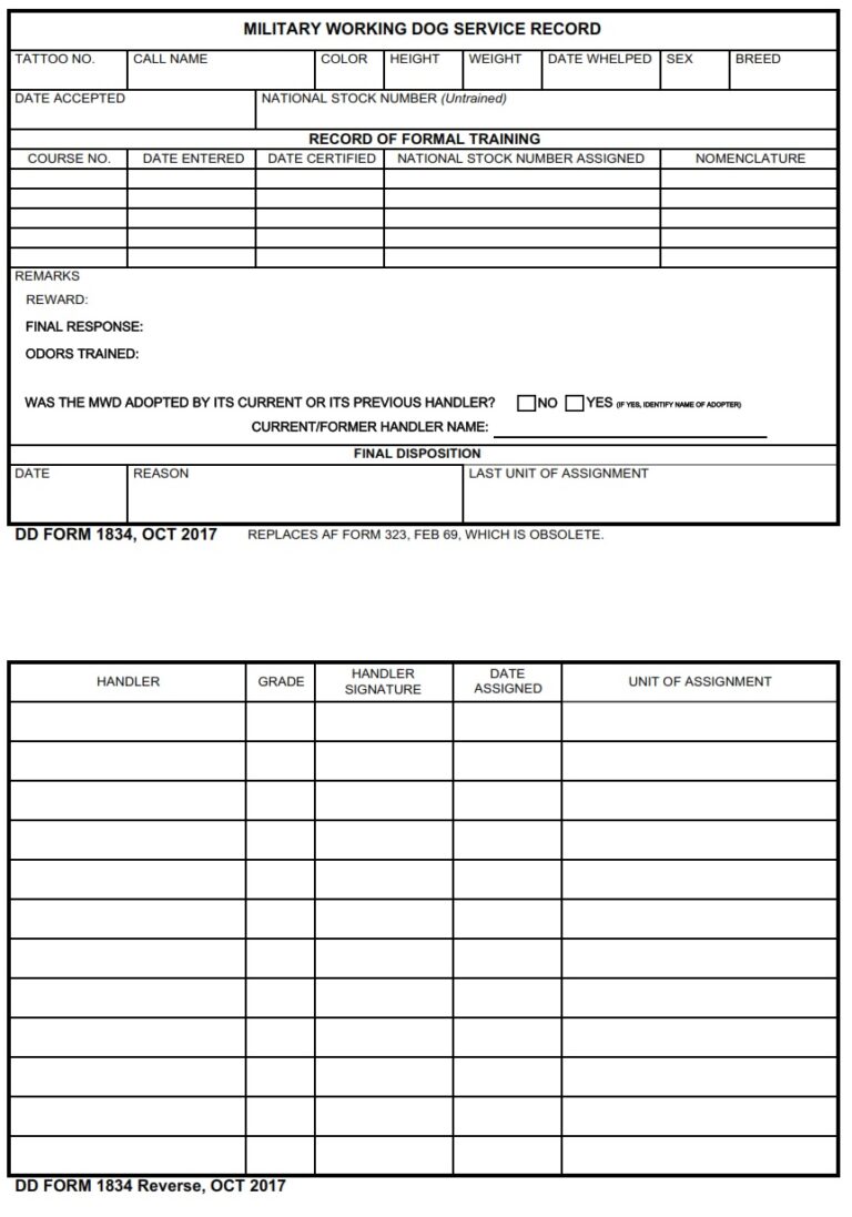 DD Form 1834 – Military Working Dog Service Record - DD Forms