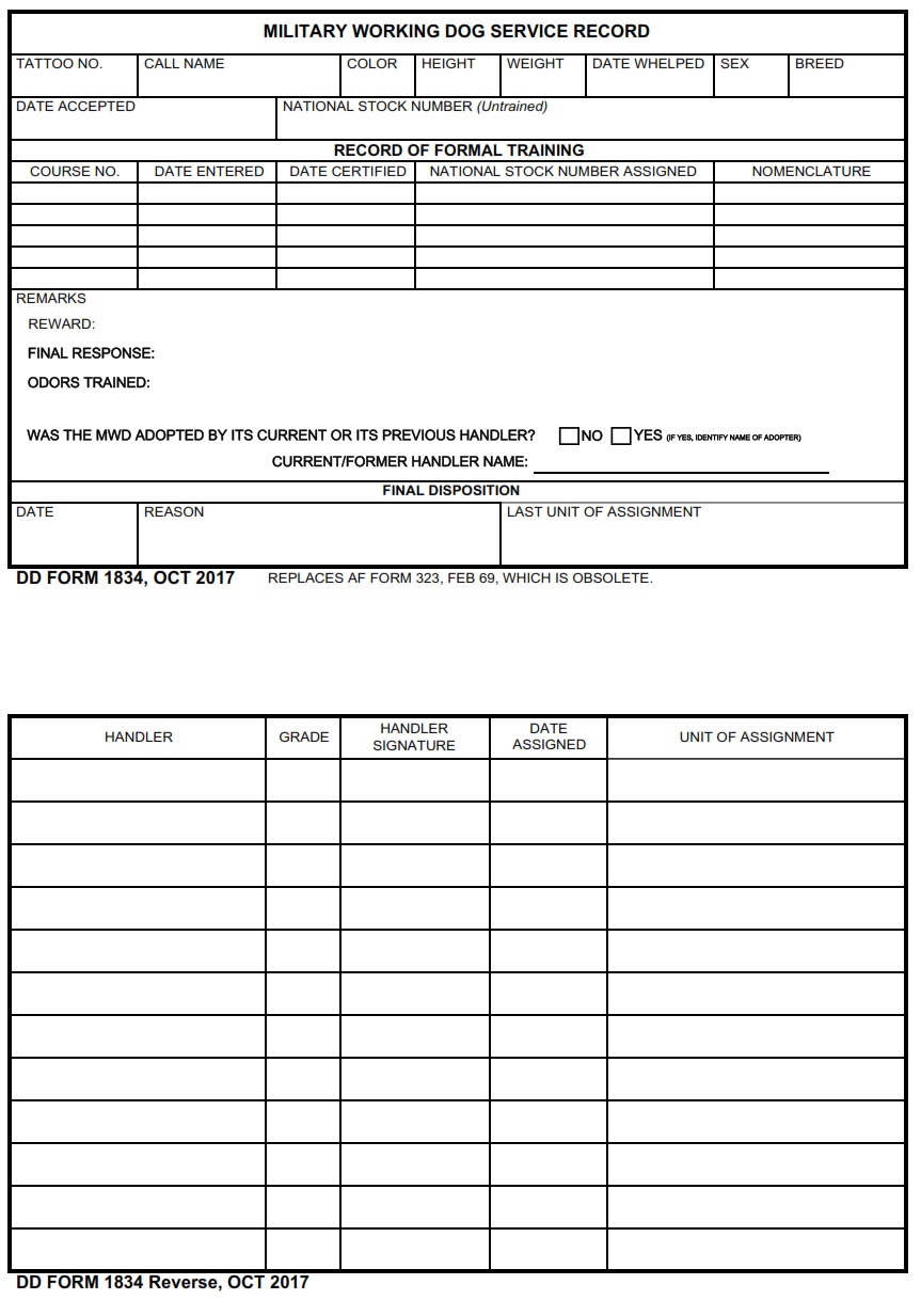 DD Form 1834 Military Working Dog Service Record DD Forms