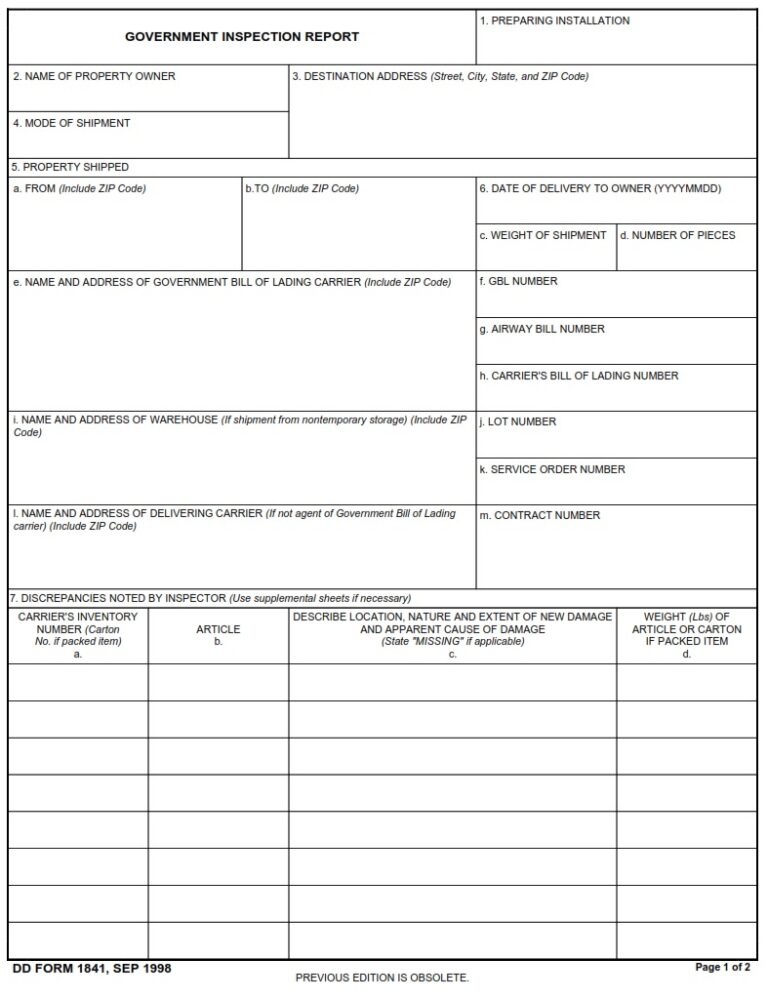 DD Form 1841 – Government Inspection Report - DD Forms