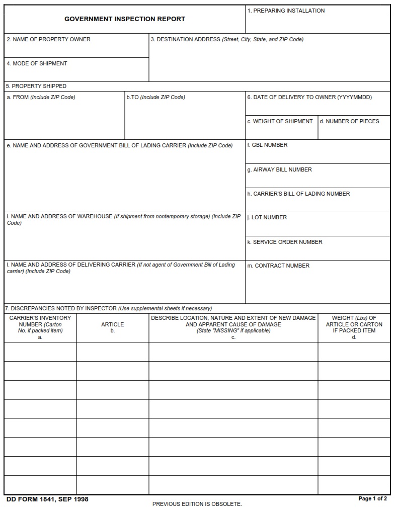 DD Form 1841 Government Inspection Report DD Forms